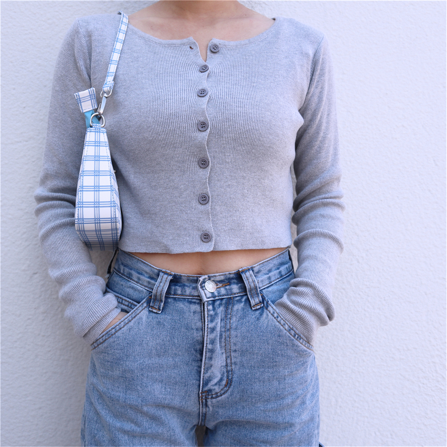 Title 5, High Waist Slim Button Knitted Cardigan Jacket ...