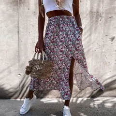 Summer Stitching Ruffle Skirt Elastic Waist Floral Long Skirt A-Line Mid-Length Skirt - Grey - View 1