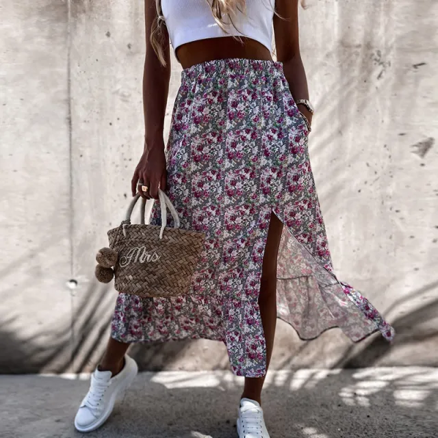 Summer Stitching Ruffle Skirt Elastic Waist Floral Long Skirt A Line Mid Length Skirt Grey - Shop at LoveMi
