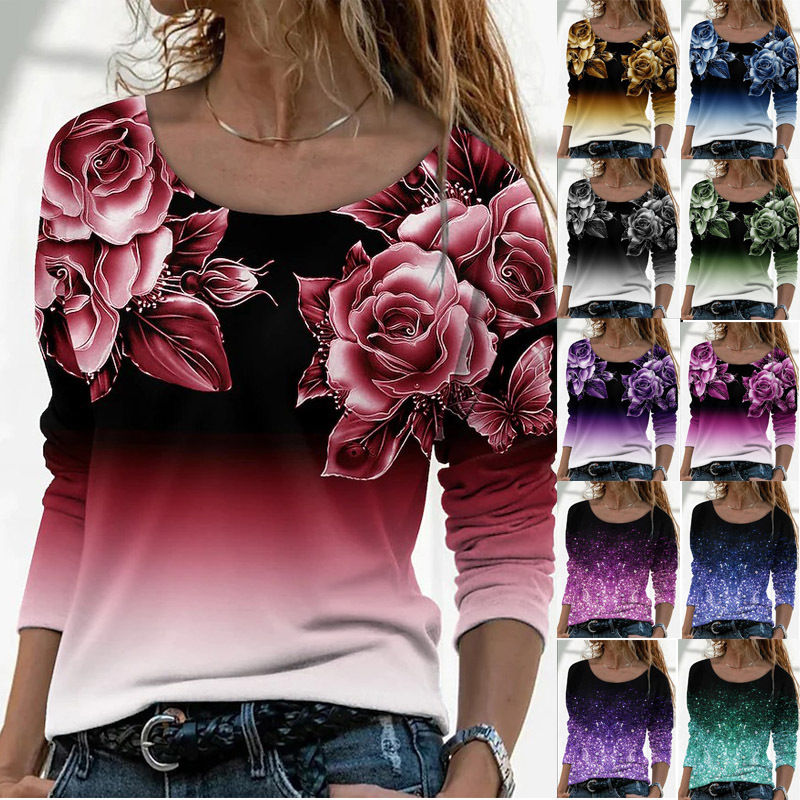 New Long Sleeve Loose Round Neck Casual Pullover 3D Printing T-Shirt Women