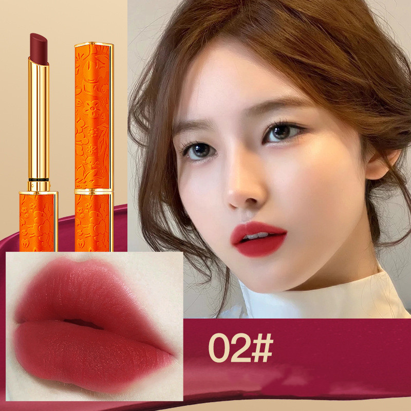 Orange Small Tube Lipstick Suit Matte Non Fading Qixi Makeup Naked Almond - Shop at LoveMi