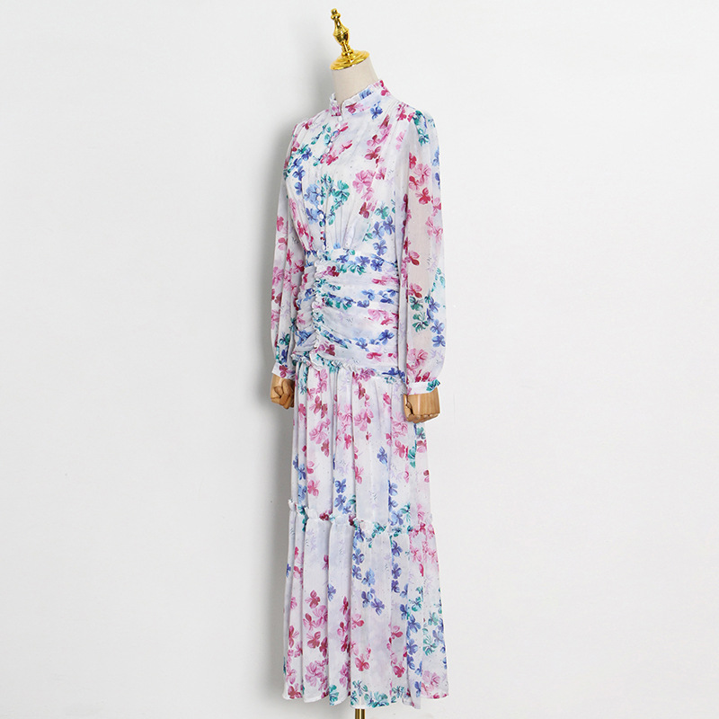 Floral Stand-Collar Pleated Shirt Dress — product details and sizing image 7
