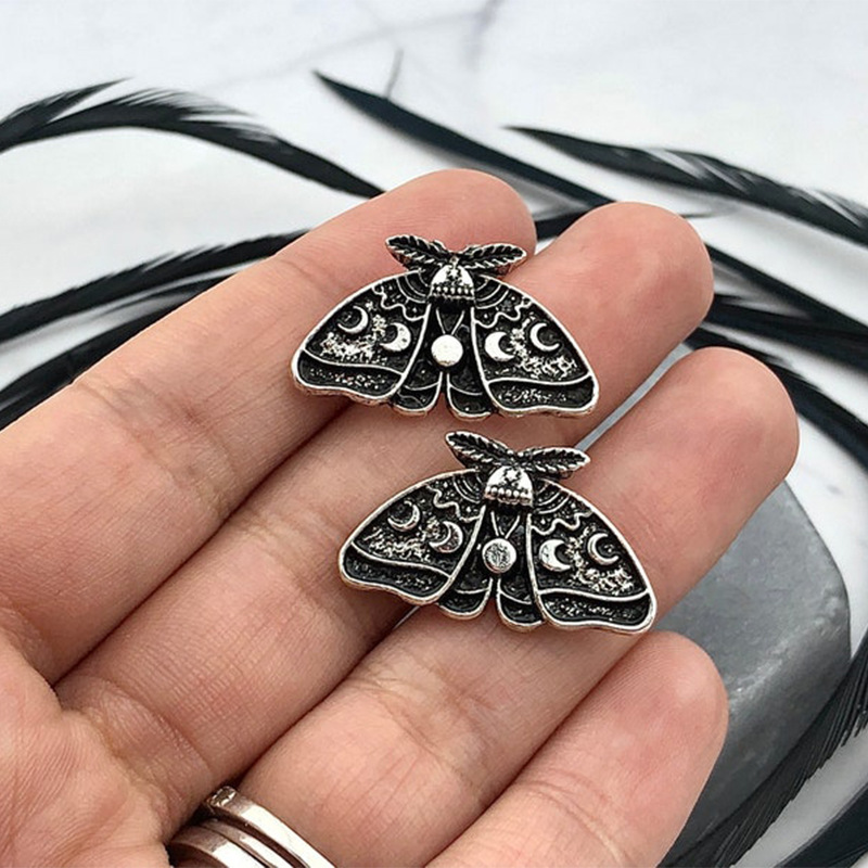 Retro Mysterious Moth Moon Phase Stud Earrings Personality