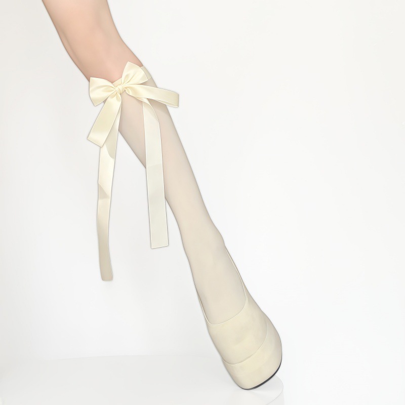 Sweet Mid-Calf Socks, Pure & Seductive Ribbon Bow, Cut-Free Leg Socks, Thin Style Sweet Ballet Girl White Silk Socks