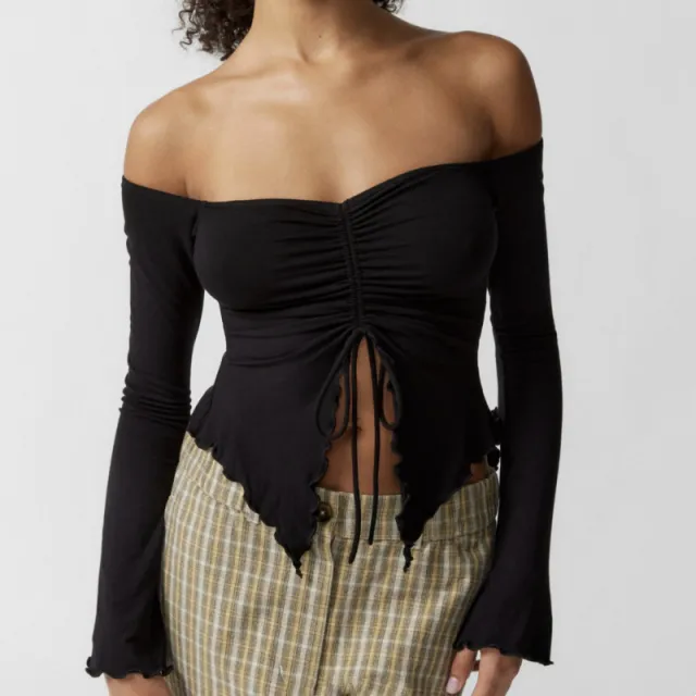 Two wear Top Wooden Ear Edge Horn Sleeve Sexy Off the shoulder Long Sleeve T shirt Woman Black - Shop at LoveMi