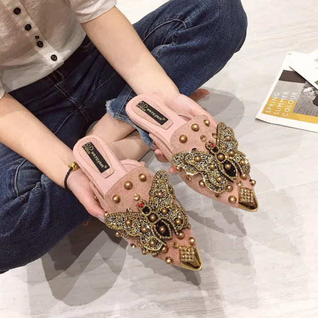 New Rhinestone Butterfly Pointed Baotou Lazy Slippers Pink - Shop at LoveMi