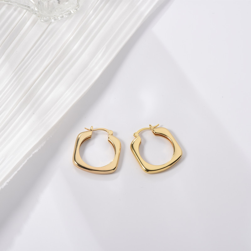 Glossy Geometric Rounded Square Gold Button Earrings
