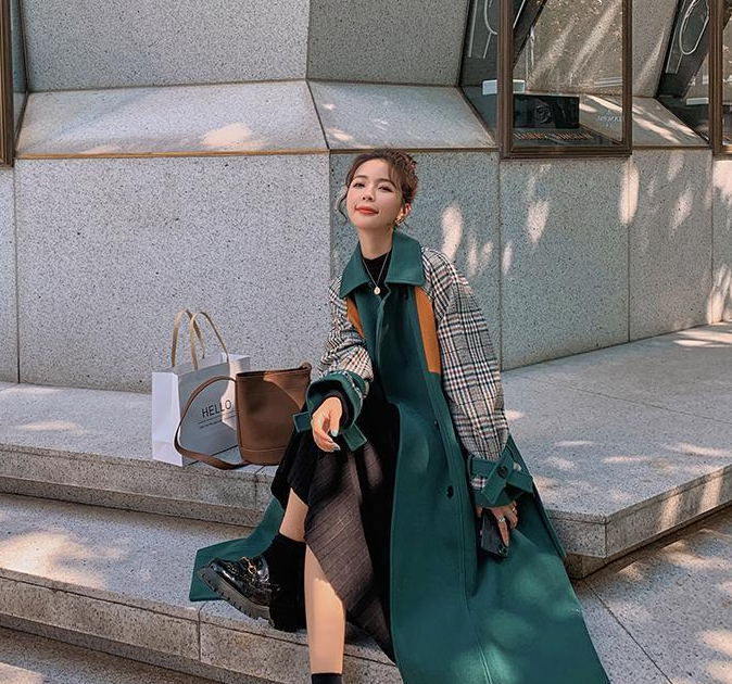 Korean Version Of Loose Plaid Stitching Dark Green Woolen Coat Mid-length