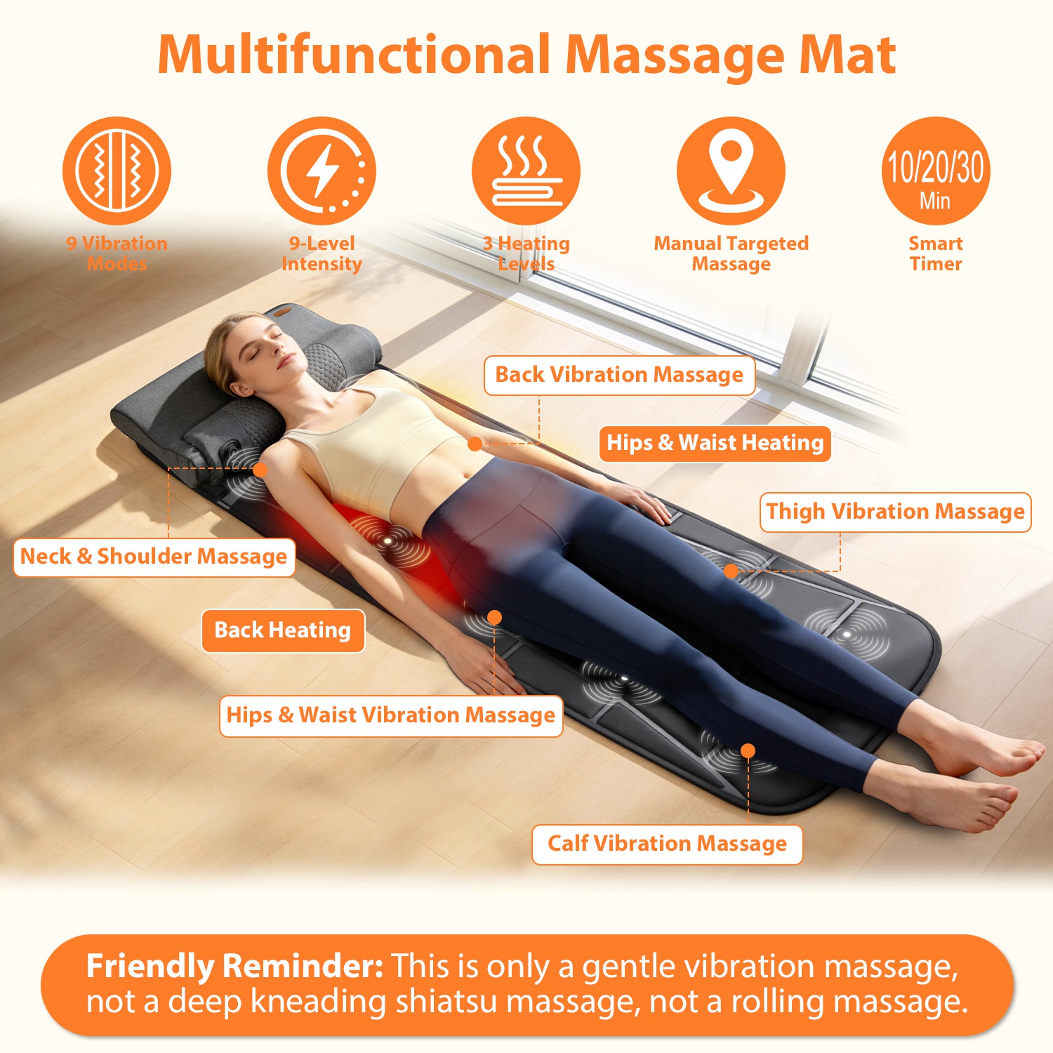 Vibration Massage Mat With Heat Full Body Massage Mattress Pad Electric Heated Massager With 10 Motors 9 Modes 9 Intensities 3 Heating Levels 3 Timer With Storage Bag Earplugs Car Charger For Neck Ba