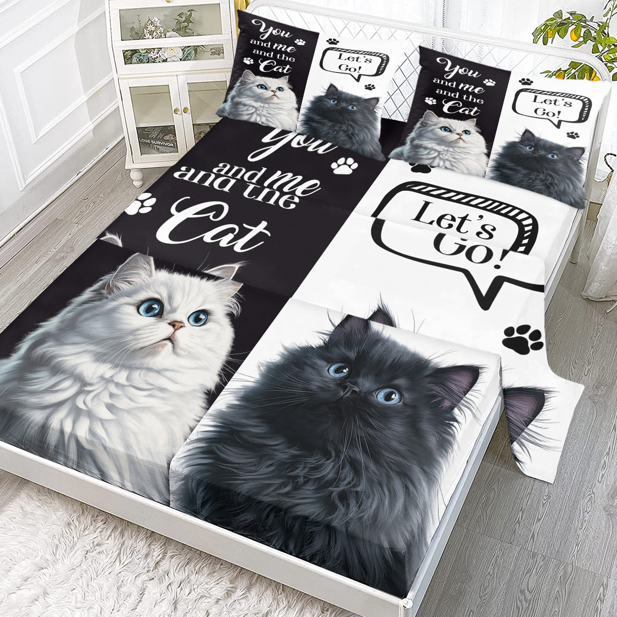 Cat Sheet, Pretty Cat Sheets Set 4Pcs,Black White Flat Sheet,Cute Animal Printed Bed Set With 1 Fitted Sheet 1 Flat Sheet 2 Pillowcases