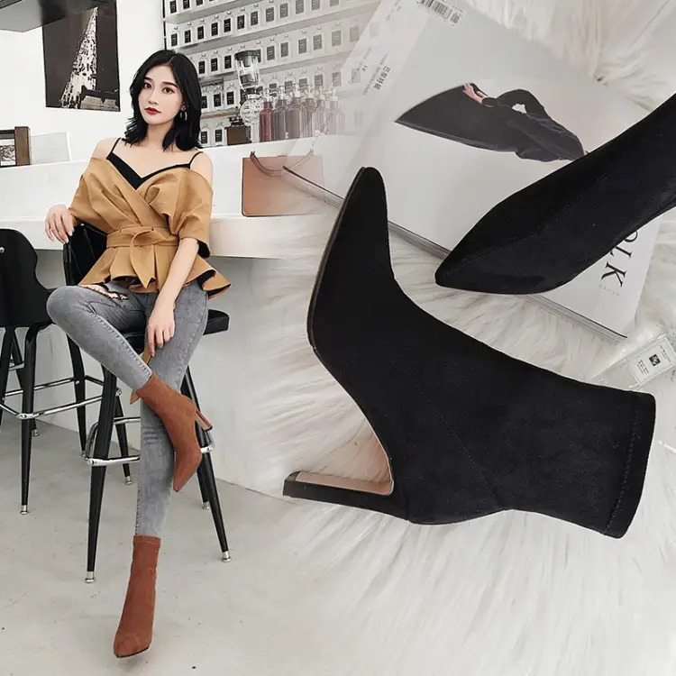 Pointed Toe Elastic High Heel Short Suede Women's Boots