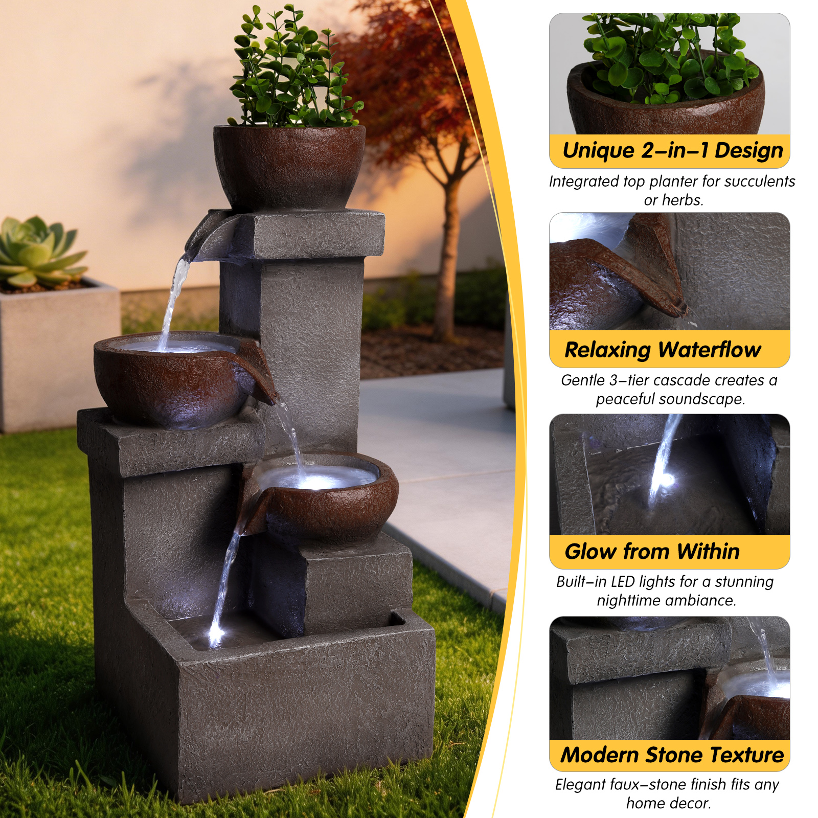 Outdoor Water Fountain Tiered Cascading Jar Waterfall Resin Garden Patio Decor With LED Lights — foto 11