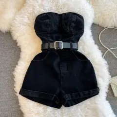 Small Tube Top Denim Jumpsuit Women's Summer Port Style Retro - Black - View 1