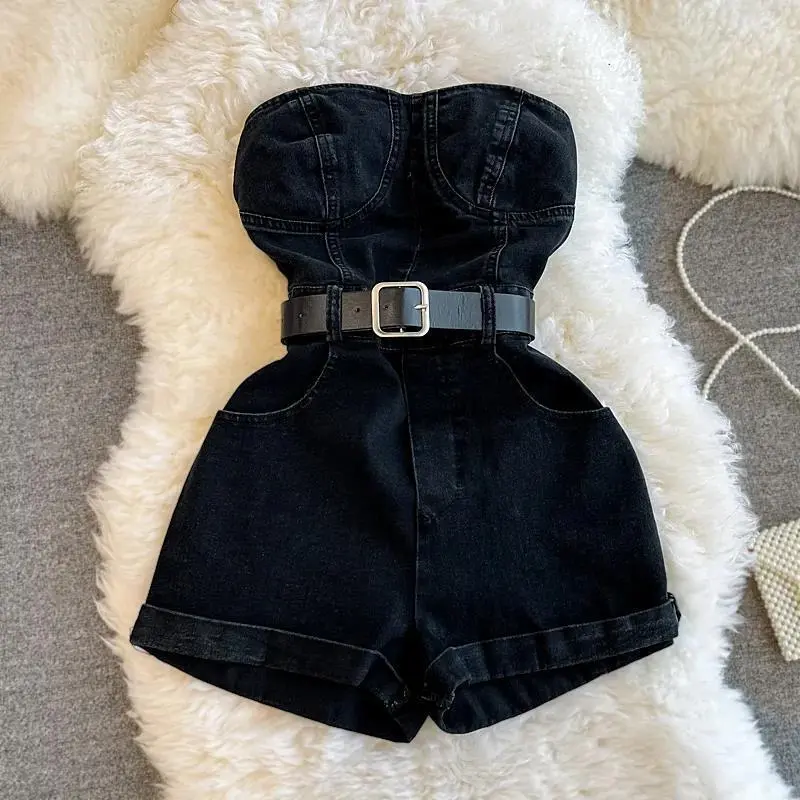 Small Tube Top Denim Jumpsuit Women's Summer Port Style Retro - Black