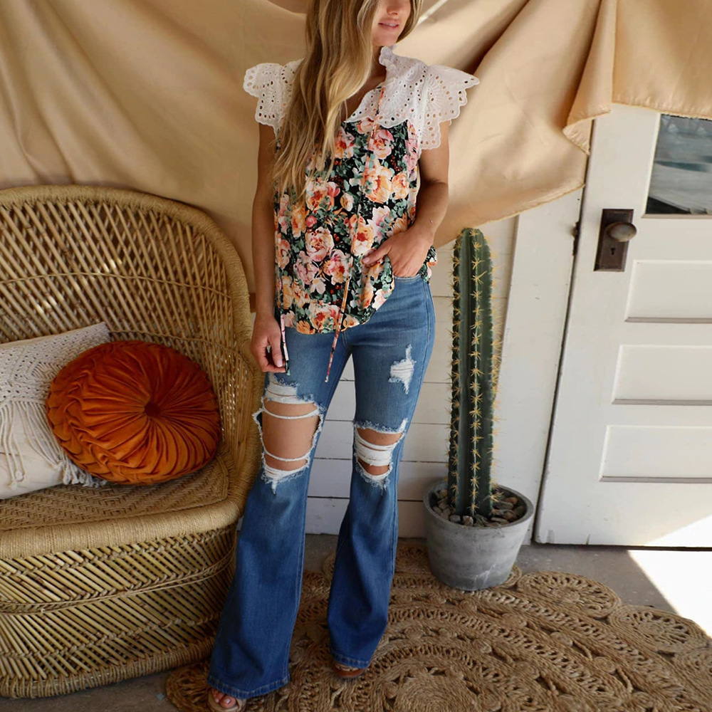 Printed V-Neck Sleeveless Lace Panel Casual Shirt T-Shirt