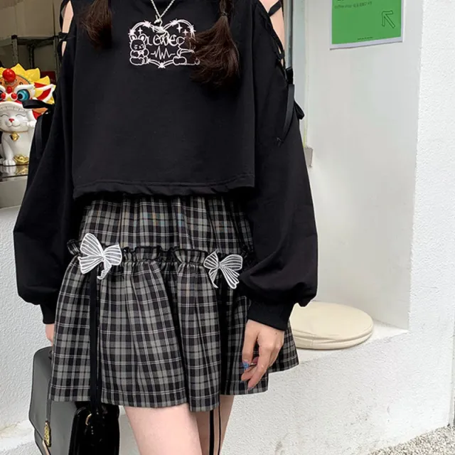 Ladies Fashion Cute Black High Waist Plaid Bow Short Skirt Black - Shop at LoveMi
