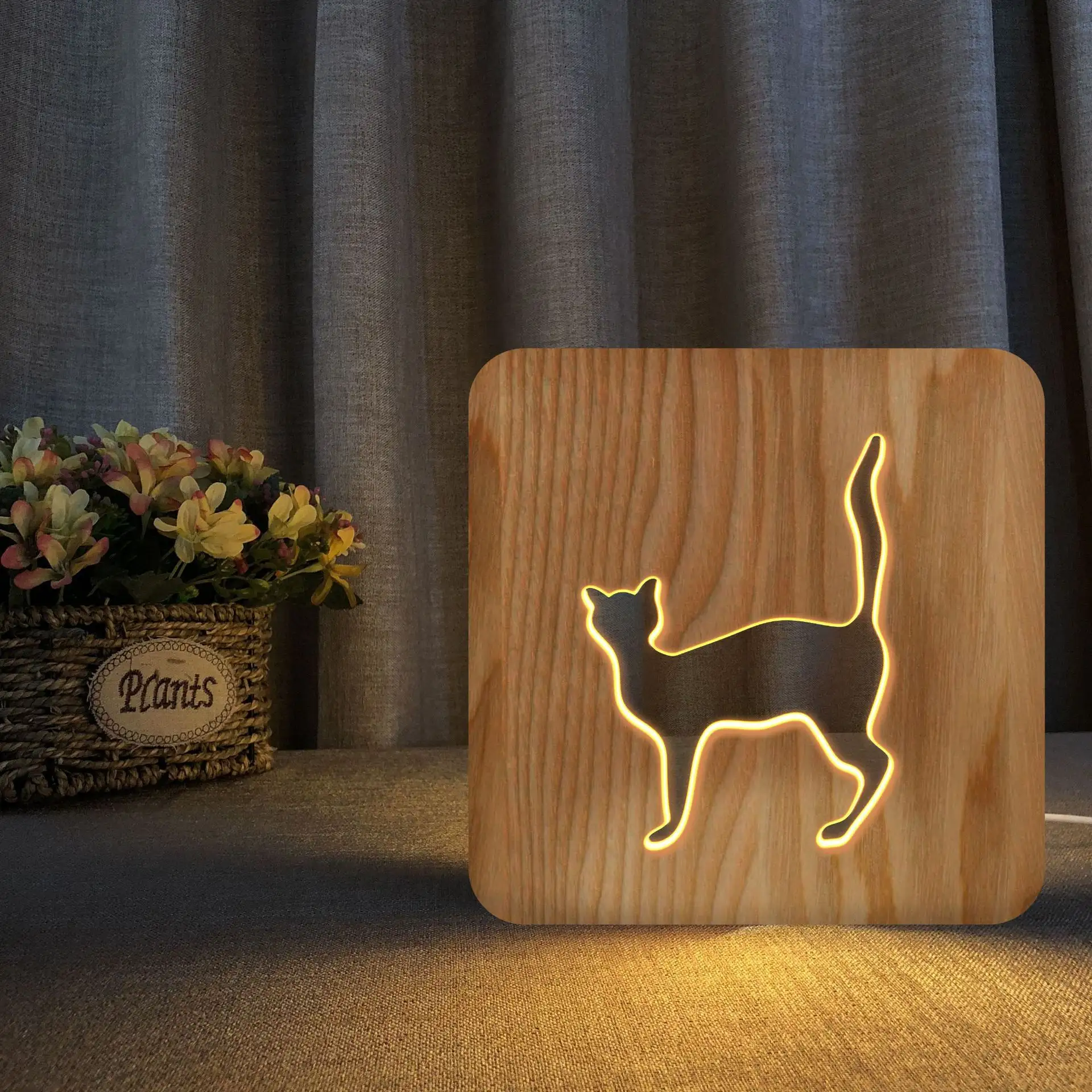 Animal Cat 3D Night Light Solid Wood