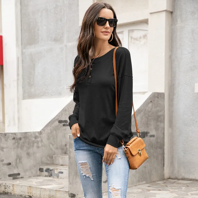 Round Neck Button Long Sleeve Casual Pullover Sweater Loose Top Women Black - Shop at LoveMi