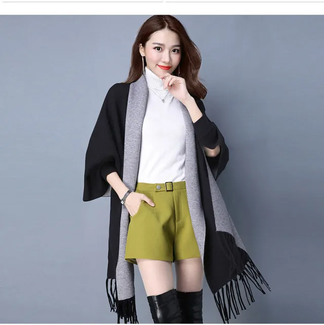 Ladies Shawl Cardigan Tassel Cape Sweater Coat Black - Shop at LoveMi