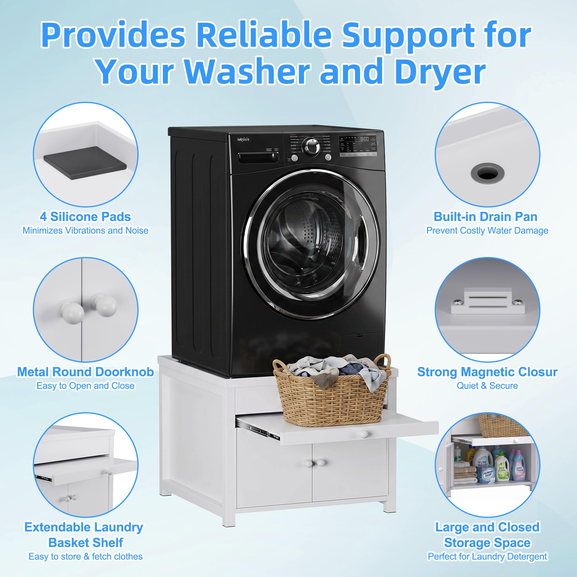 Washer And Dryer Pedestals Stand With Pull-out Shelf, 29icnh W Universal Fit Metal Laundry Pedestal With Drainage And Enclosed Storage, Heavy Duty, Anti-Vibration, 770 LBS Capacity, 23inch H, White — foto 8