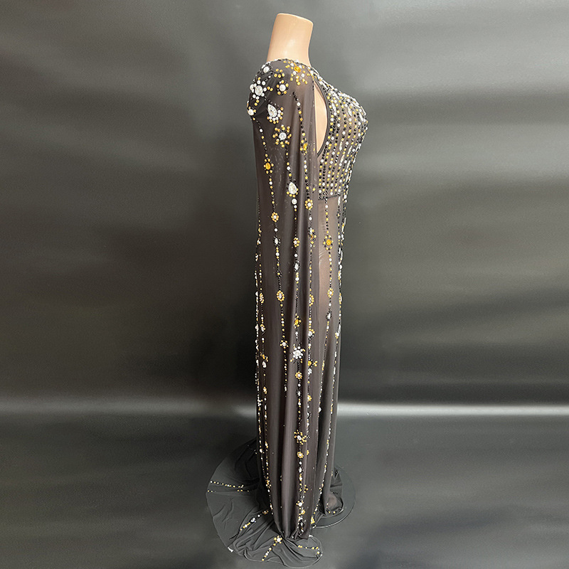 New Long Sleeve Dress Shiny Diamond Black Lady Sexy Mopping Evening Dress