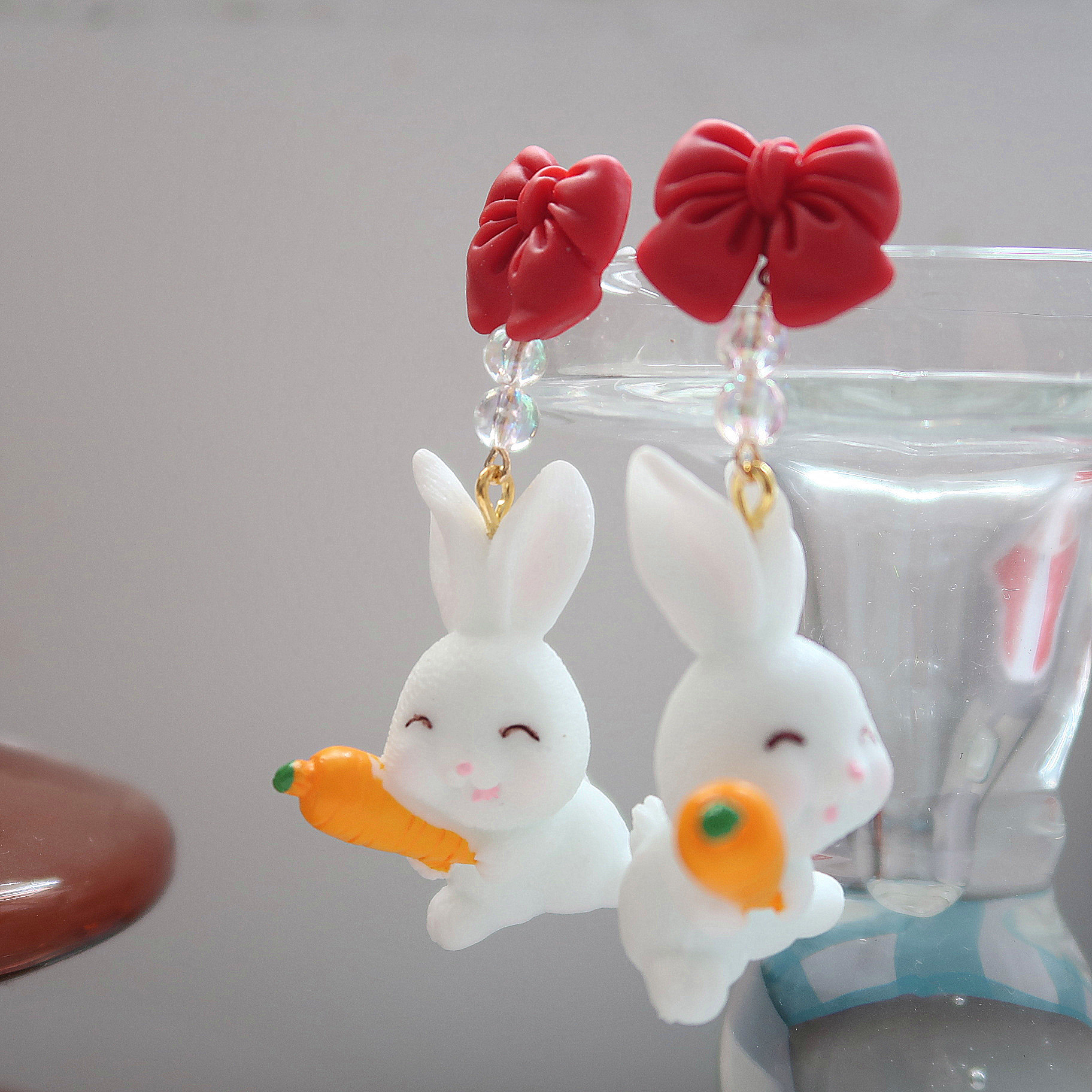 925 Silver Needle Cute Eating Radish Rabbit Asymmetrical Long Earrings