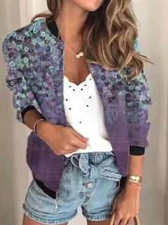 Women's Zipper Short Floral Long-sleeved Jacket Plus Size Clothing - Dark Purple - View 1