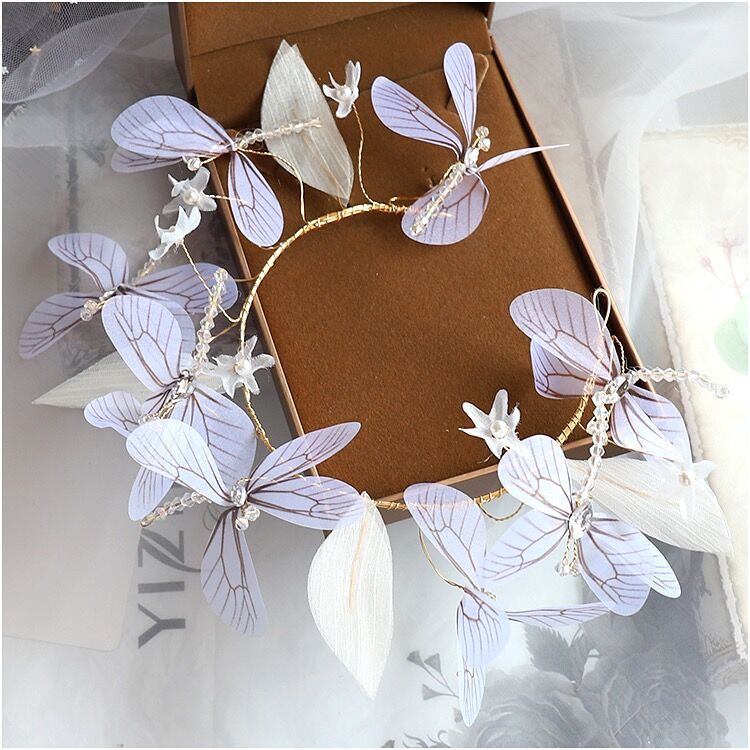 Bridal Headdress Head Flower Wings Super Fairy Hair Band Earrings Hair Accessory Set Purple - Shop at LoveMi