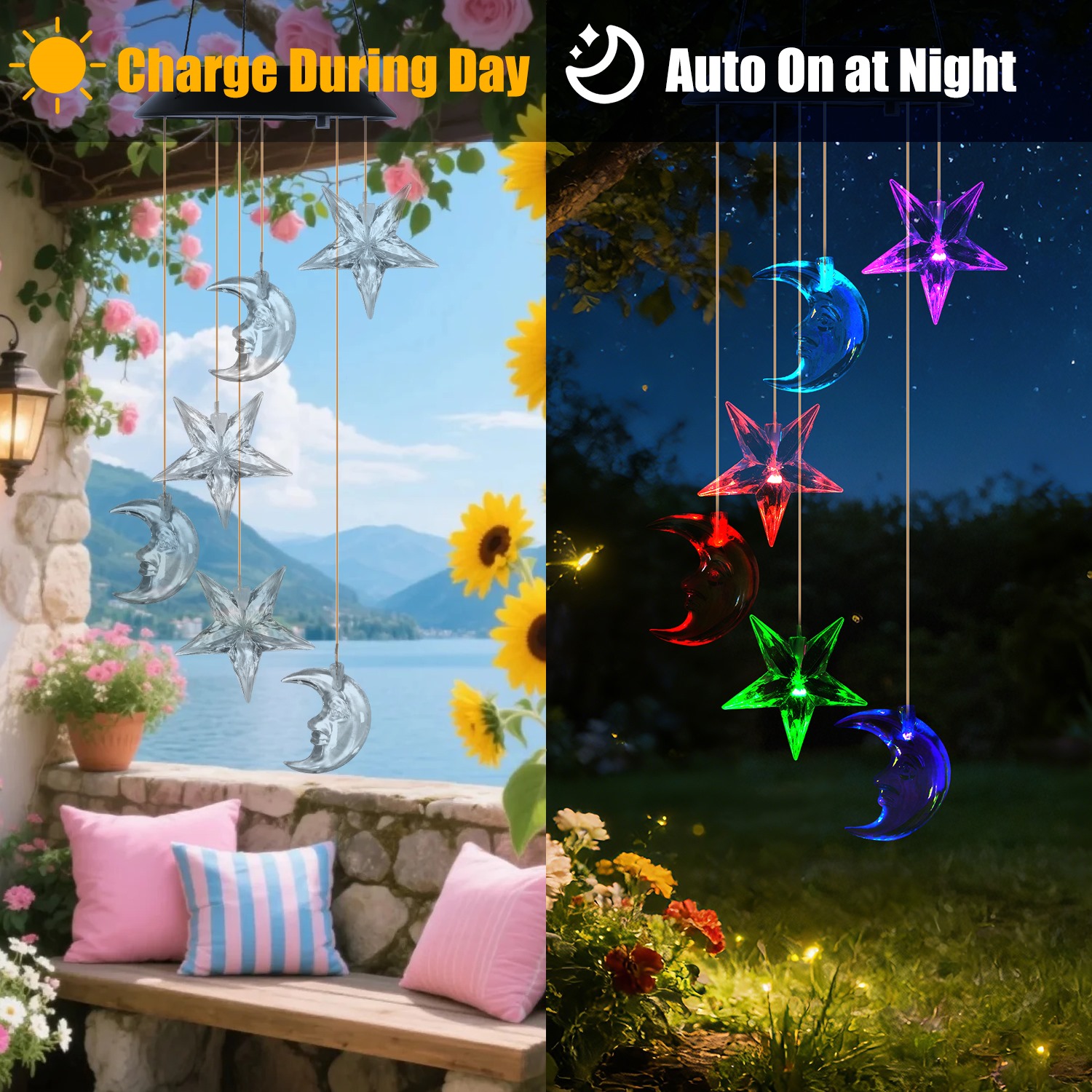 1Pc 2Pc Quantity Options Solar Moon And Star Wind Chime 7 Color Changing Wind Chime For Outside IPX4 Waterproof Outdoor Garden Yard Decor — foto 6