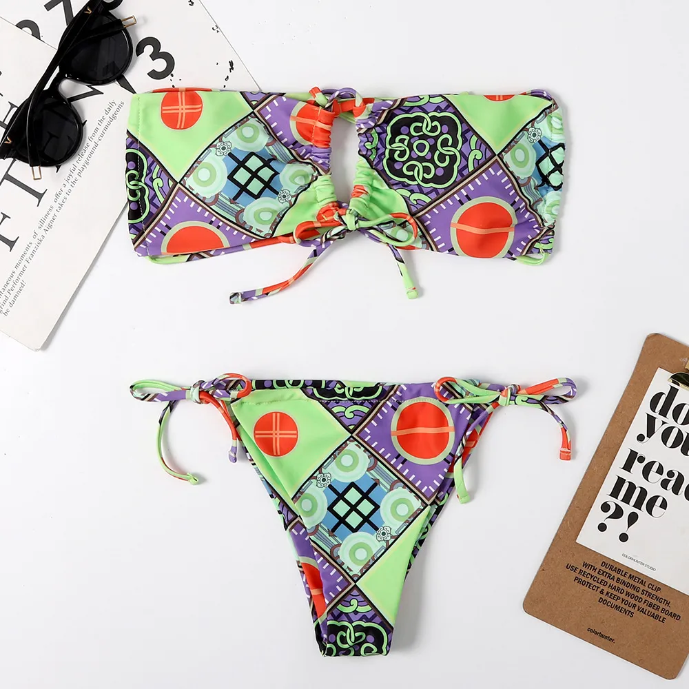 New European And American Printed Split Bikini Swimsuit - Green
