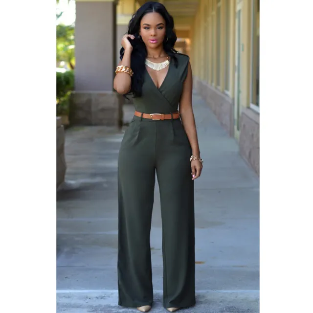 High Waist V neck Wide leg Pants Irregular Suit With Belt Dark Green - Shop at LoveMi