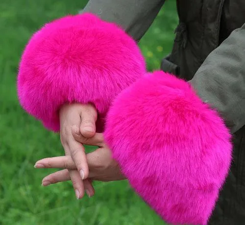 Women Furry Sleeve Cuffs Fox Short Wrist Bracelet Rose Red Super Soft - Shop at LoveMi