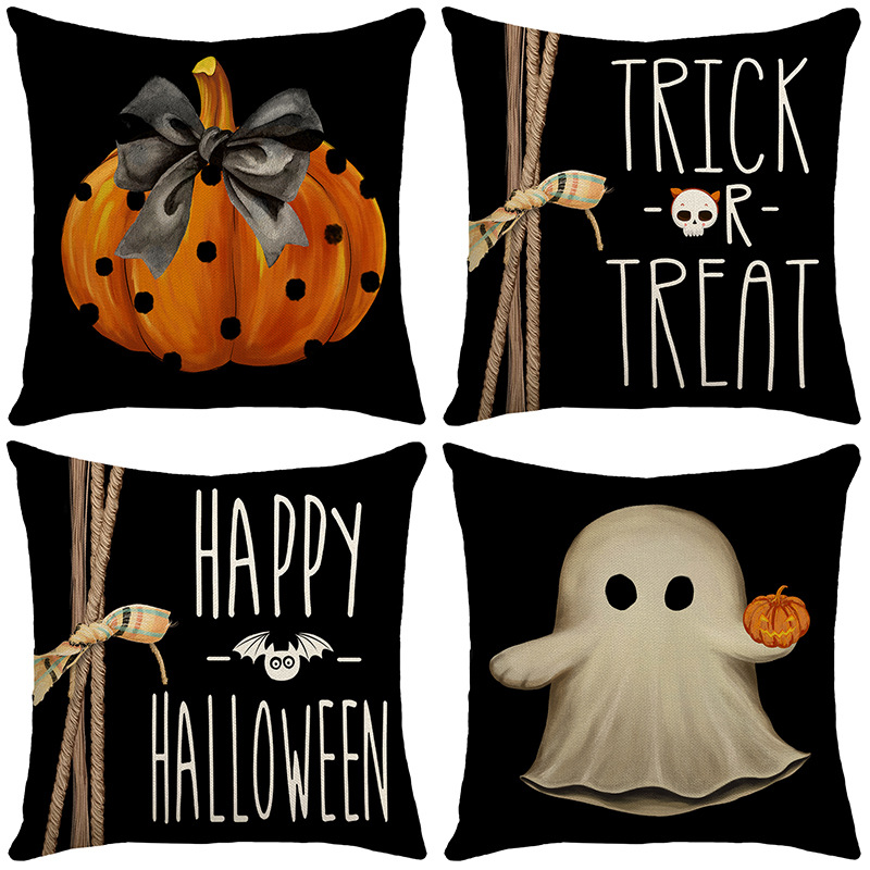 Title 6, Ghost Pumpkin Halloween Black Throw Pillow Cove...