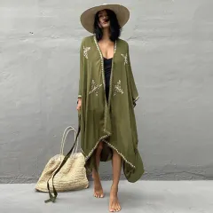 Rayon Embroidered Holiday Sun Protection Cardigan Beach Cover Up - Army Green - View 1
