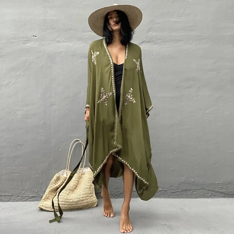 Rayon Embroidered Holiday Sun Protection Cardigan Beach Cover Up - Army Green