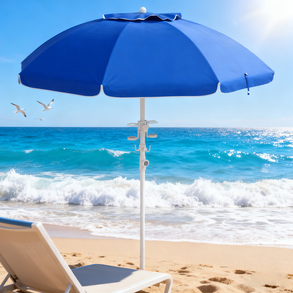 5.7' Beach Umbrella For Travel With Tilt, Adjustable Height, 2 Cup Holders, Hooks, Vent, Ruffles, Blue Stripe, Sapphire Blue