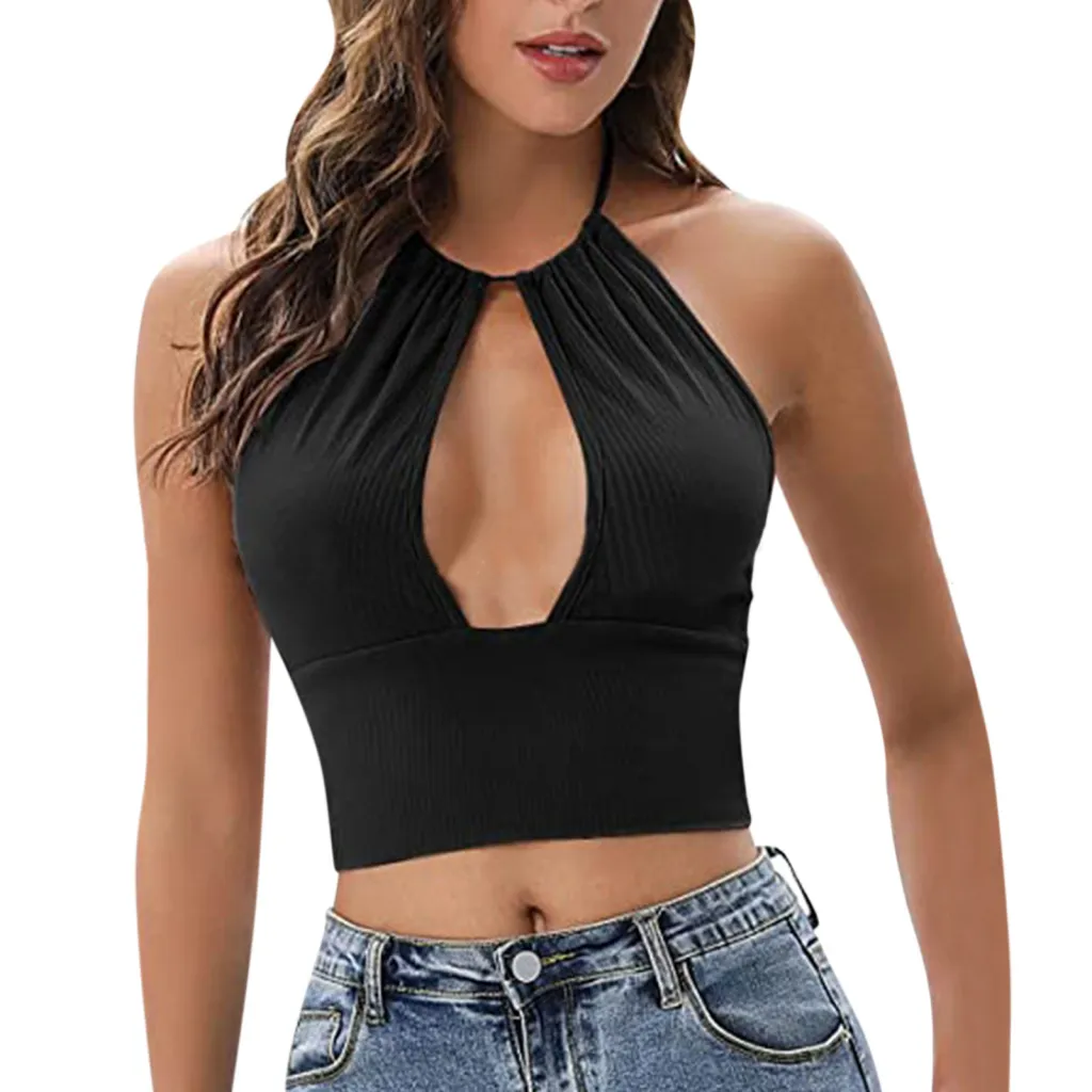 Camisole Halter Vest Women Summer Sexy Hollow Tops - Black