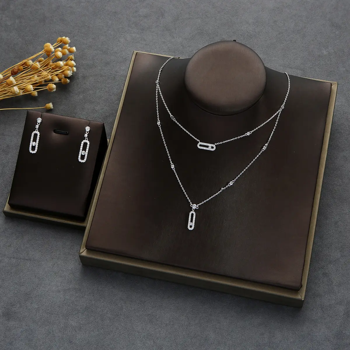 Geometric Double Layer Full Diamond Pendant Necklace Earrings Ring Set
