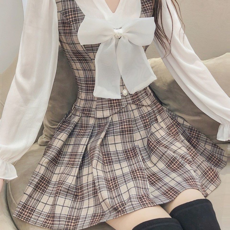 Blouse Panel Plaid Top Pleated Skirt Two Piece Set - Image 4