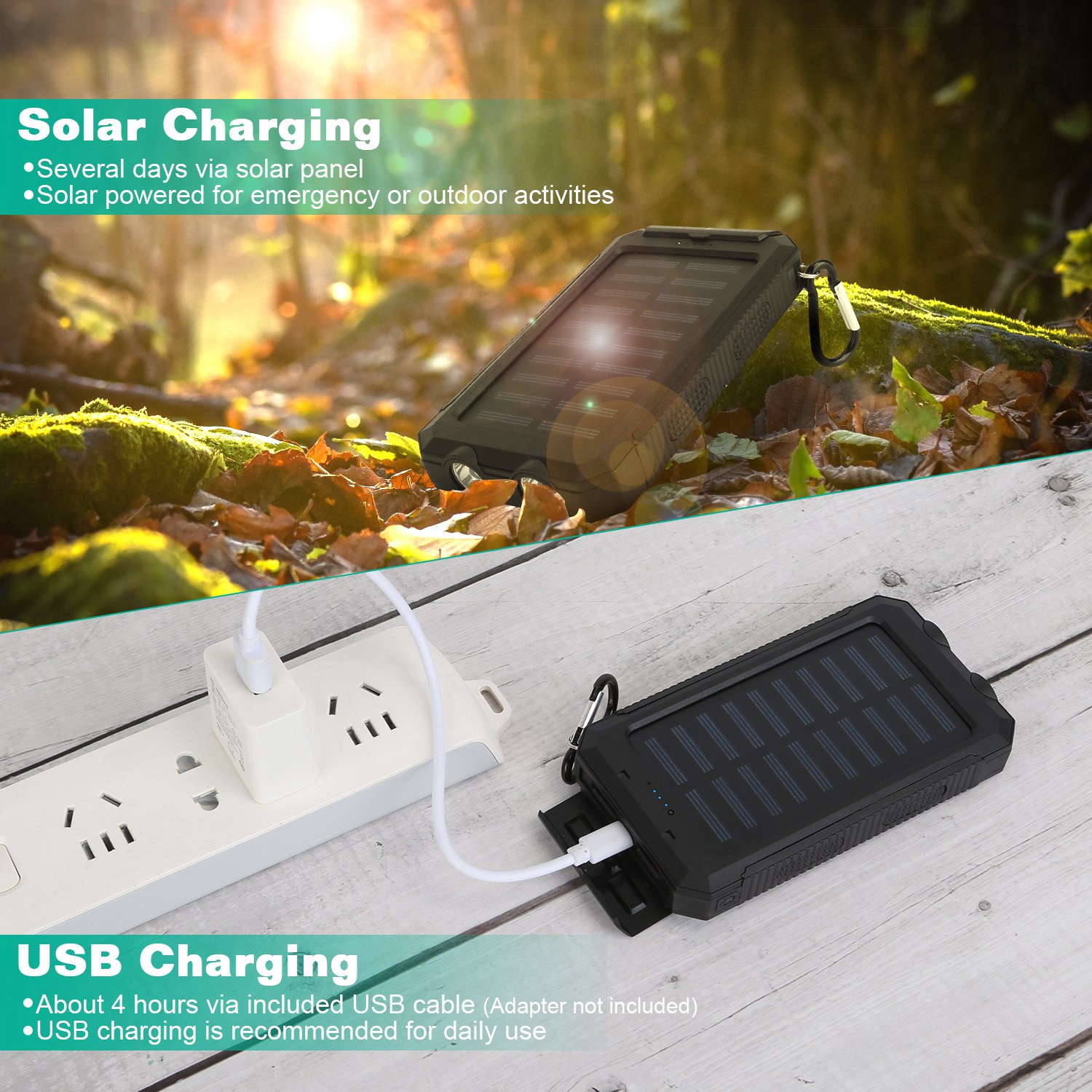 1Pc 1W MAh Solar Power Bank External Battery Pack Dual USB Interface Outdoor Charger With Battery Indicators SOS LED Lights Compass Camping Hiking