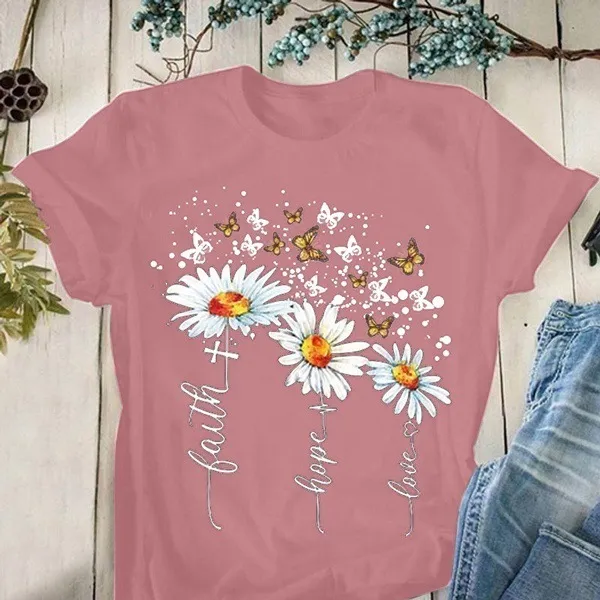 Round Neck Casual Creative Floral Print Short Sleeves Pink - Shop at LoveMi