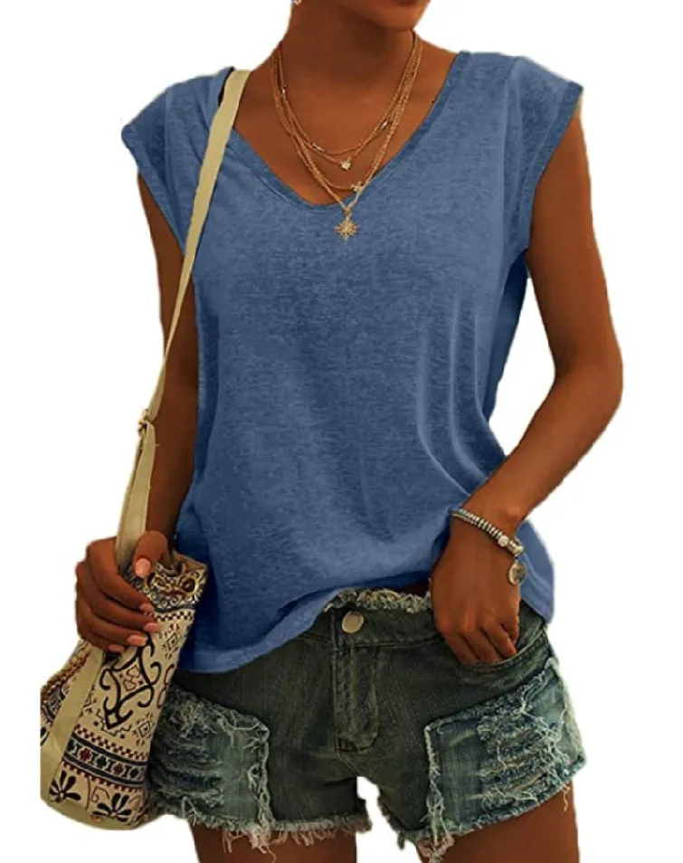 European And American Women's Simple V-neck Loose T-shirt - Blue