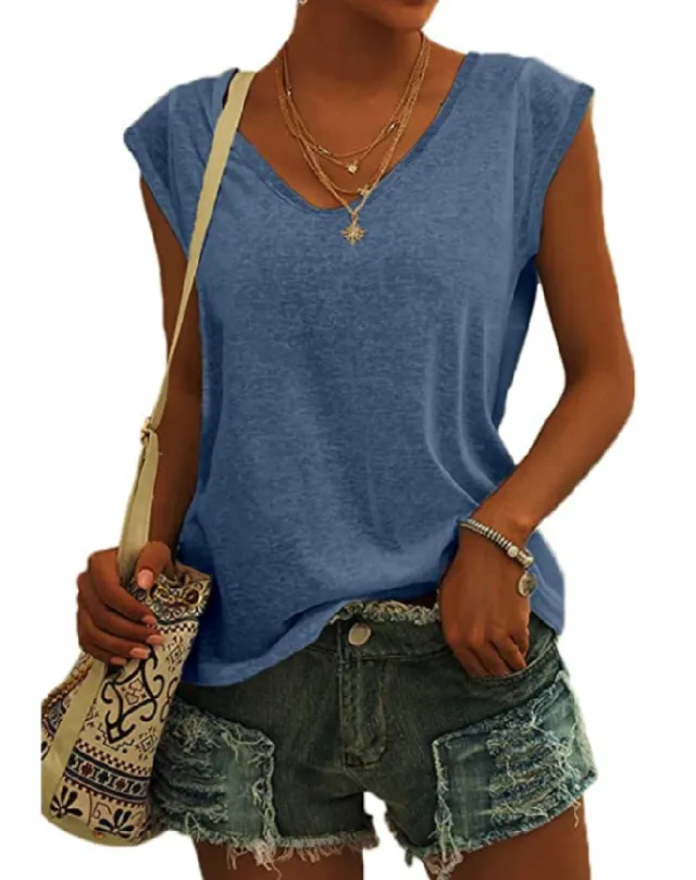 European And American Women's Simple V neck Loose T shirt Blue - Shop at LoveMi