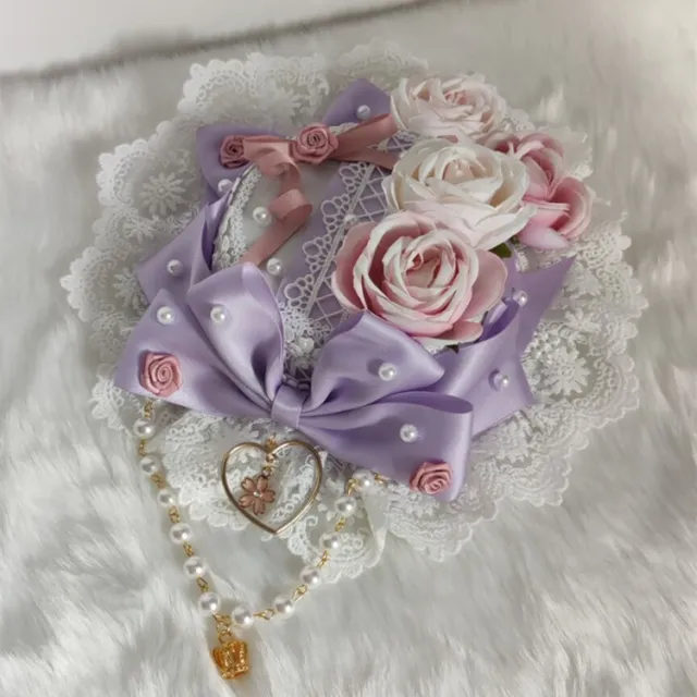 Japanese Lolita Sweet Lace Top Hat Pearl Beaded Bowknot Purple - Shop at LoveMi