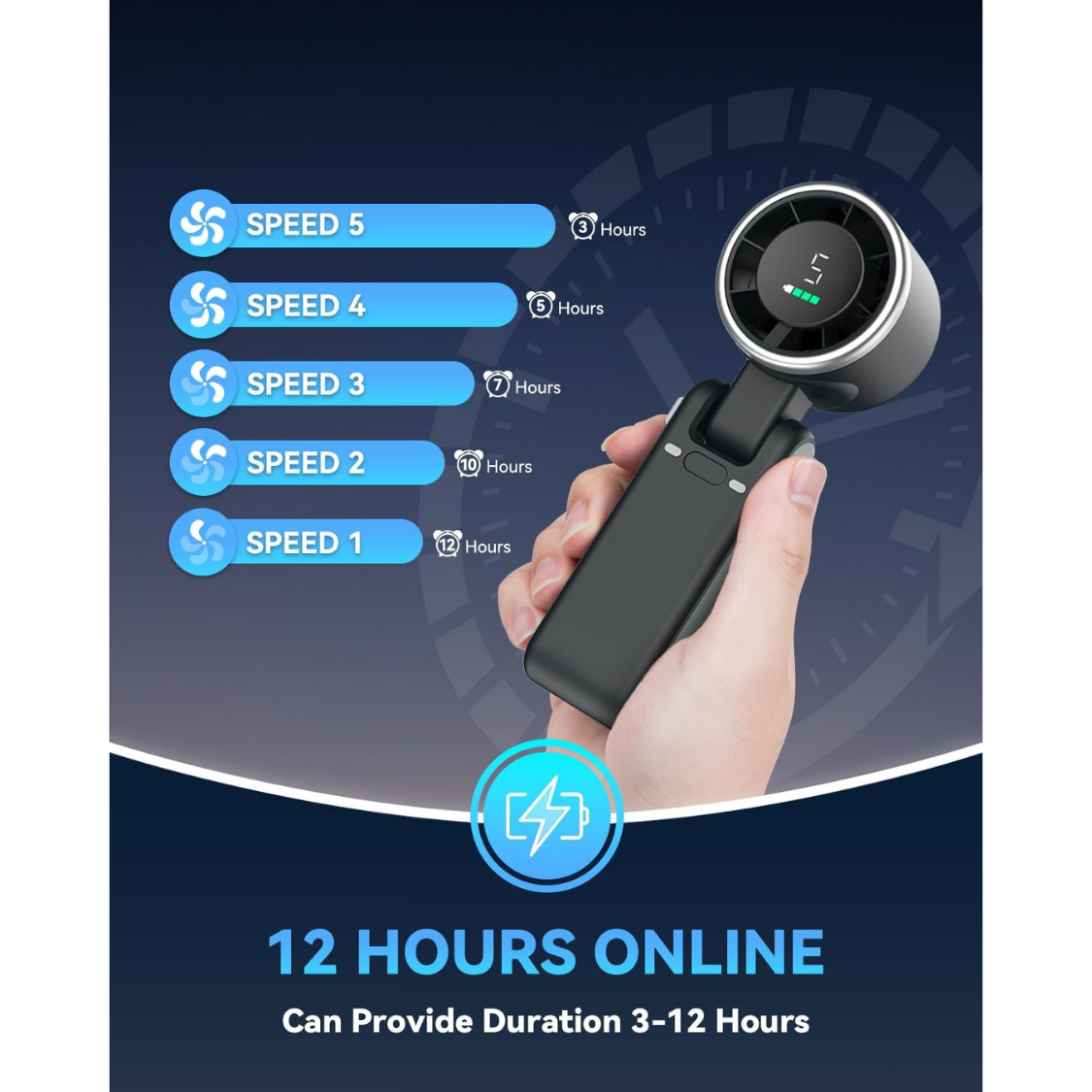 Portable Handheld Turbo Fan, USB-C Rechargeable, 5-Speed Cooling Fan, 12H Runtime, 3-in-1, Black — foto 5