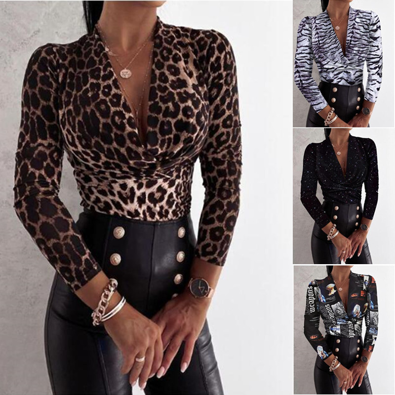 Title 7, Sexy Long Sleeve V-neck Leopard Print Ladies Bl...