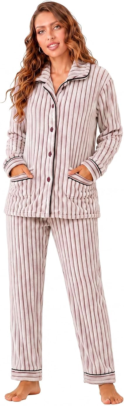 RONGTAI Ribbed Button Down Pajama Set Long Sleeve Plush Fleece PJs — image 3