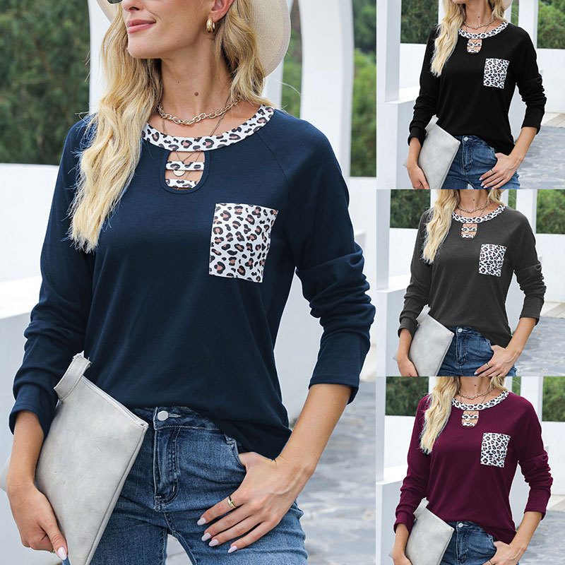 Long Sleeve Raglan Sleeve Solid Color Stitching Leopard Print Top