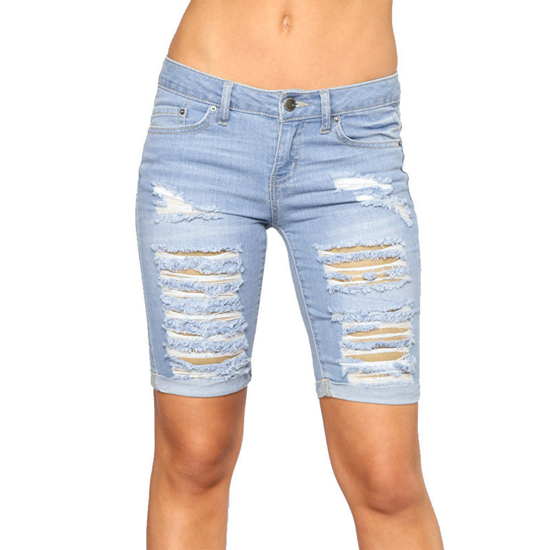 Beautiful Slim fit Hip lifting Ripped Cuffed Jeans Women's Midpants Light Blue - Shop at LoveMi