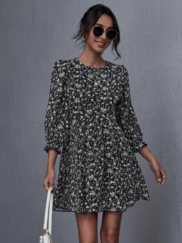 Half-length Commuter Black Print Dress